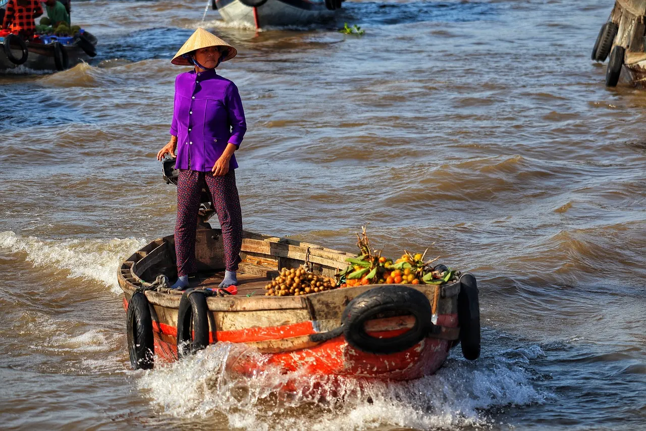 Người phụ nữ chèo thuyền chở hoa quả trên sông