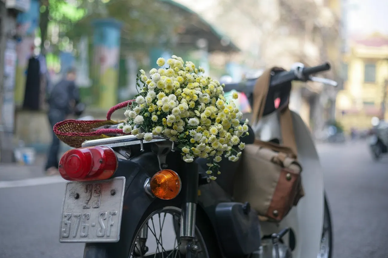Xe máy chở hoa tươi đi bán trên phố